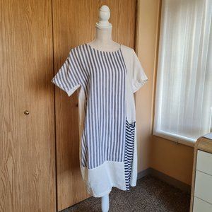 Linen TShirt Dress Shirtdress Midi Crewneck Striped Natural Beige Blue
